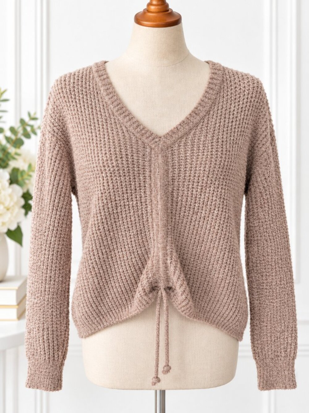 Jessica Simpson Taupe V Neck Knit Sweater Tie Front Cozy Textured, Size Small